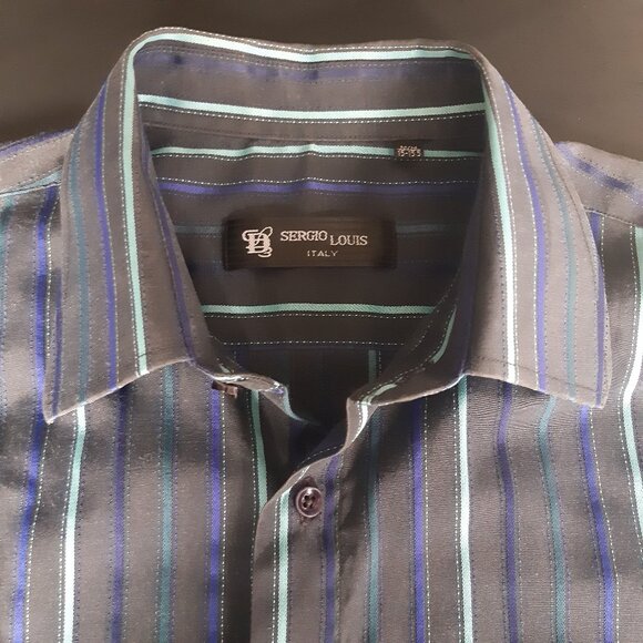 Sergio Louis Italy SZ M Black, Indigo & Teal Striped Men's Button Up Shirt - Picture 14 of 14